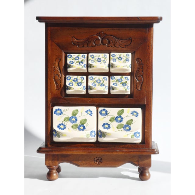 Antique Dutch Farmhouse Wooden Ceramic Floral Spice Cabinet, 1950s For Sale - Image 10 of 14