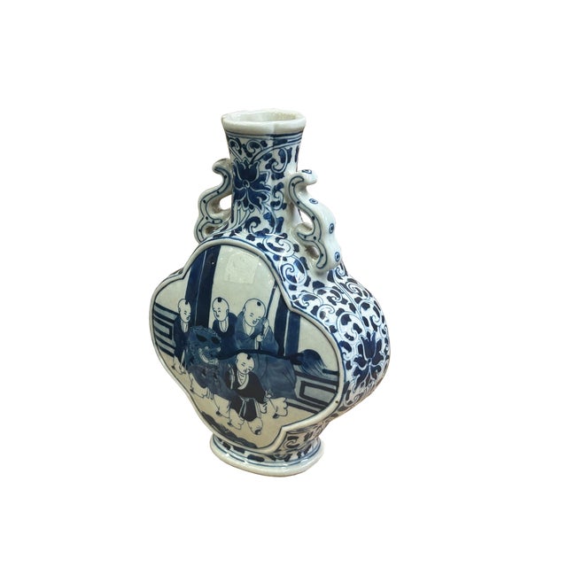 Chinese Blue White Porcelain MoonFlask Scenery Graphic Art Vase For Sale - Image 10 of 15