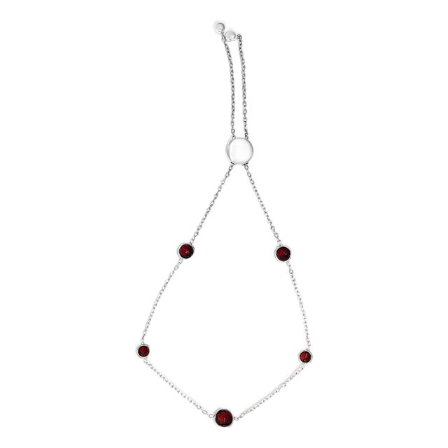 .925 Sterling Silver Bezel Set Red Garnet 5 Station Adjustable Bolo Bracelet For Sale