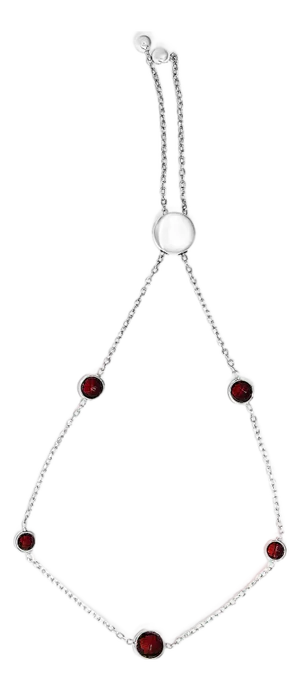 .925 Sterling Silver Bezel Set Red Garnet 5 Station Adjustable Bolo Bracelet