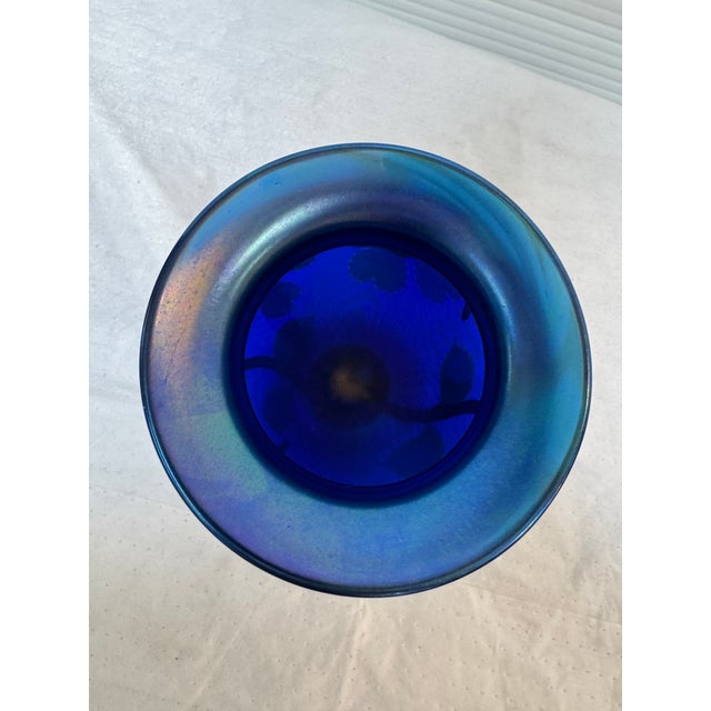 Orient & Flume Floral Blue Art Glass Vase, Signed For Sale - Image 10 of 12