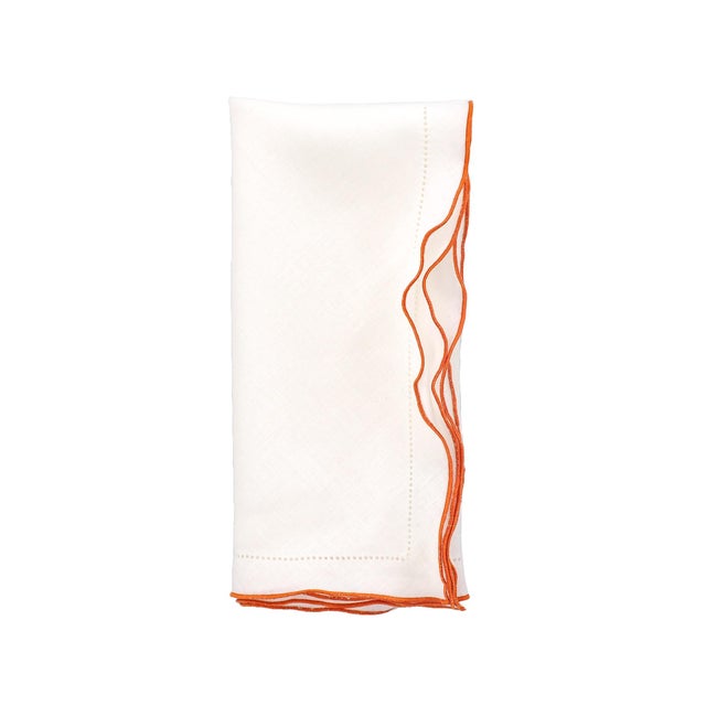 White White Linen Napkins With Orange Ruffled Hemstitch Edges, Set of 4 For Sale - Image 8 of 11