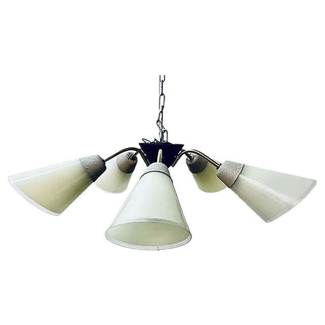 Sputnik Spider Glass & Brass 5-Arm Ceiling Lamp with Shrink Varnish, 1950s For Sale