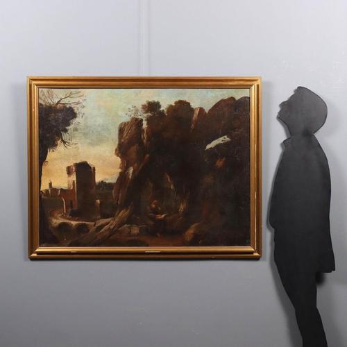 Oil on canvas. Inside a cave, against a backdrop of snow-capped peaks, a holy hermit is absorbed in meditation and...