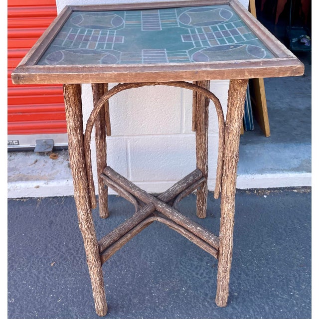 Mid 20th Century Vintage Adirondack Willow Twig Parcheesi Game Table With Painted Board For Sale - Image 5 of 7