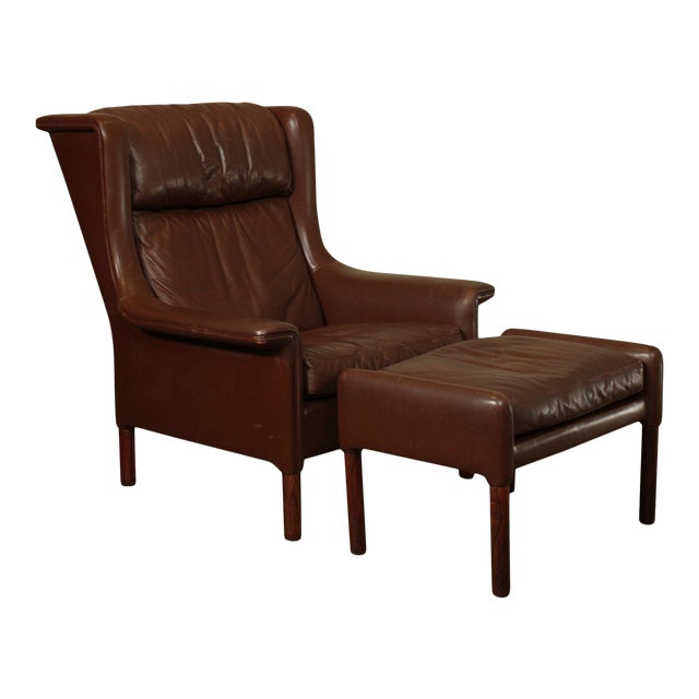 Danish Modern Brown Leather Rosewood Wing Chair With Ottoman Chairish