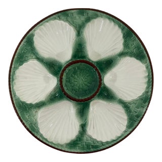 1920s Antique French Longchamp Majolica Green and White Oyster Plate For Sale