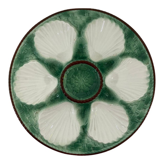 1920s Antique French Longchamp Majolica Green and White Oyster Plate For Sale