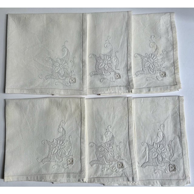 Textile Set of 6 Mid 20th Century Off White Linen & Cotton Dining Napkins With Cut Work For Sale - Image 7 of 16
