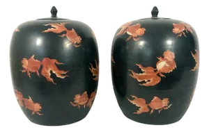 Antique Chinese Qing Dynasty Famille Noire Porcelain Ginger Jars With Orange Koi Fish, a Pair (Black Ground)