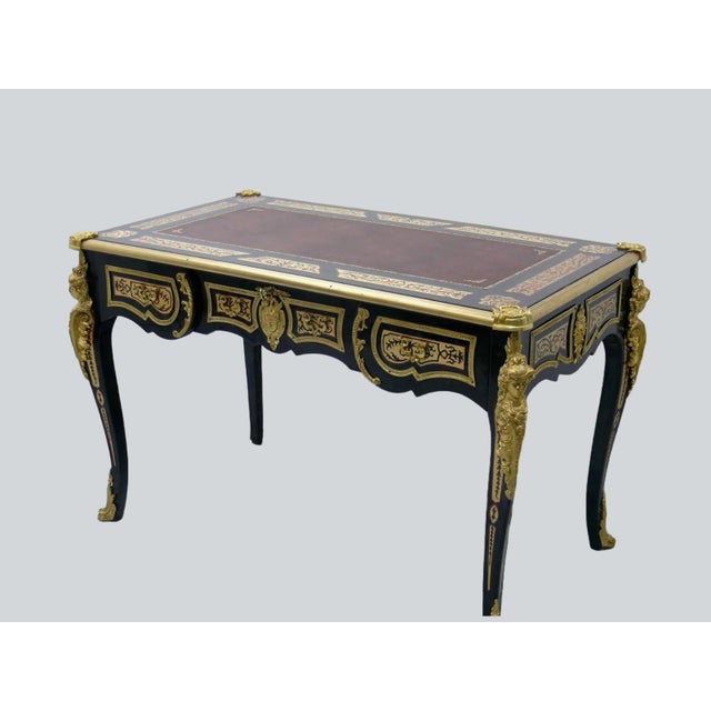 French Boulle Style Writing Desk/ Table Bureau Plat French Style Marquetry Inlay With Burgundy Faux Leather on the Top For Sale - Image 3 of 12
