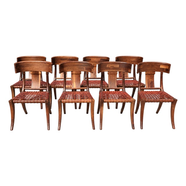Stunning Set Walnut Klismos Dining Chairs Set of 8 For Sale