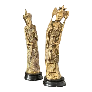 1930s Vintage Chinese Brass Pair of Nobles Statues