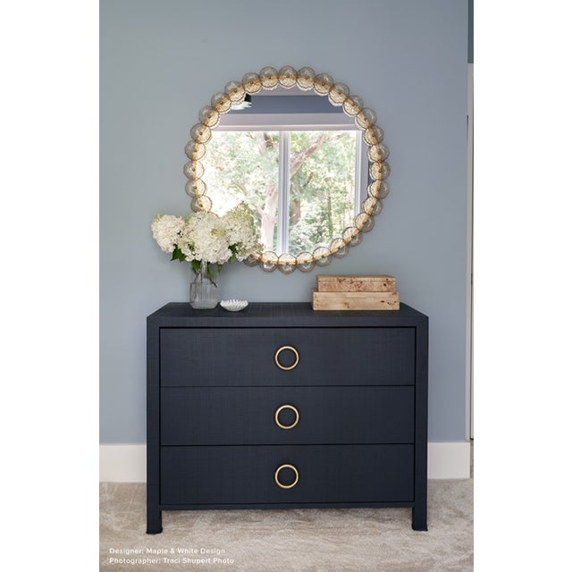 Contemporary Matthew Izzo Home Getty Navy Linen Three Drawer Chest With Antique Brass Circle Hardware For Sale - Image 3 of 6