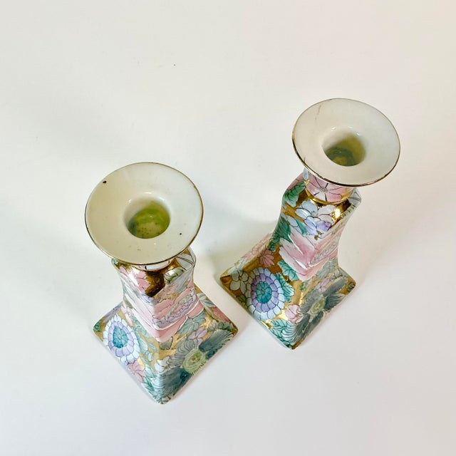 Pink 1980s Vintage Chinoiserie Boho Chic Hollywood Regency Peony Candleholders - A Pair. For Sale - Image 8 of 10