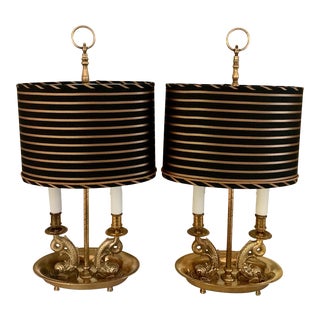 Mid 20th Century Brass Dolphin Bouillotte Lamps with Custom Silk Shades - A Pair For Sale