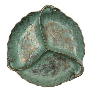 Vintage Mid-Century Modern American Mint Green & Gold Divided Ceramic Tray For Sale
