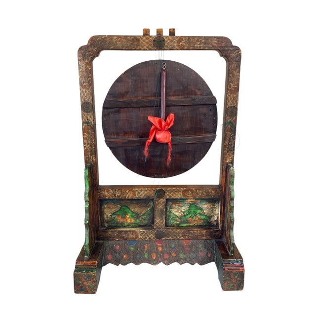 Rare Large Vintage Tibetan Wood Buddha Gong & Stand 32.5" H For Sale - Image 9 of 11