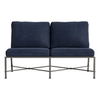 Brown Jordan Venetian Armless Loveseat, Mica frame with Fusion Neptune fabric For Sale