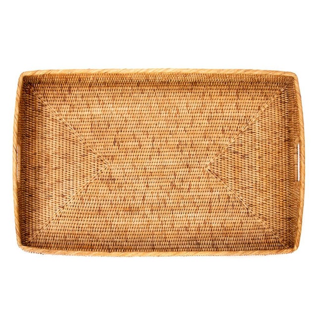 Artifacts Rattan Rectangular Ottoman Tray with High Handles in Honey Brown - 28" For Sale - Image 4 of 7