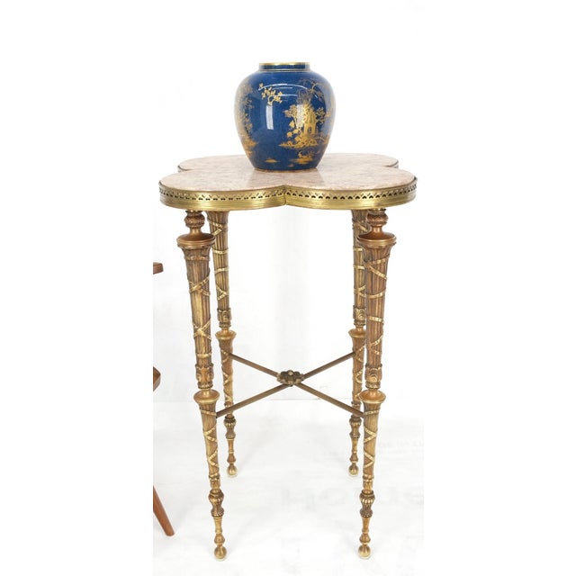 Exception Clover Shape Pink Marble Top Fluted Brass Legs Tall Pedestal Stand For Sale - Image 6 of 15