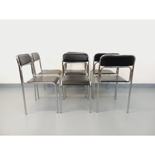Vintage Italian Stackable Chairs in Chromed Metal and Black Imitation Leather, 1970s, Set of 6 For Sale - Image 13 of 18