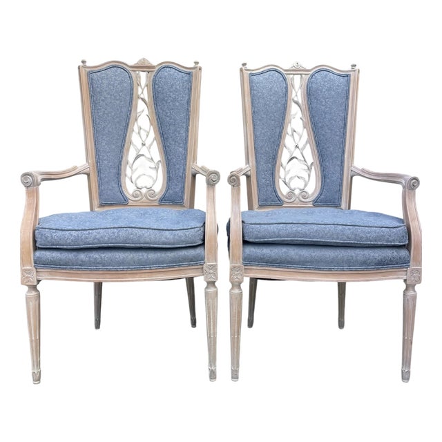 French Provincial Cerused Carved Open Back Armchairs – Pair For Sale