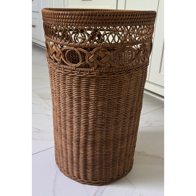 Vintage Palm Beach Style Handwoven Rattan Umbrella Stand or Cane Holder With Decorative Openwork Knot Motif For Sale - Image 10 of 11