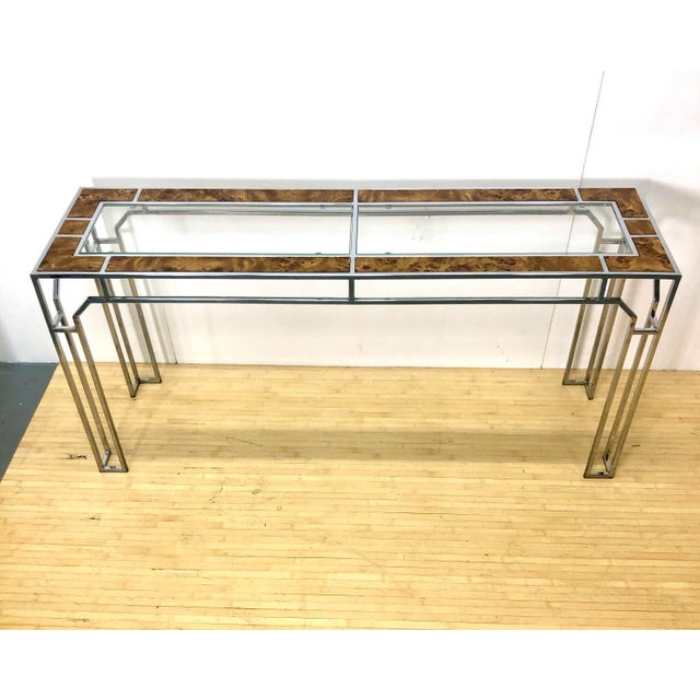 Camel Milo Baughman Console Table | Burlwood Chrome and Glass For Sale - Image 8 of 11