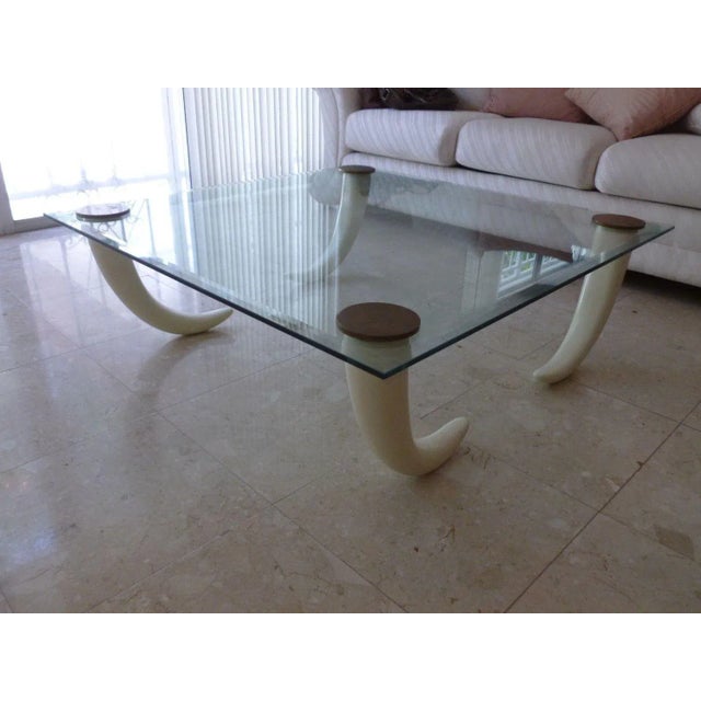 1950s 1970's Glass Coffee Table With Faux Tusk Legs and Brass Caps For Sale - Image 5 of 10