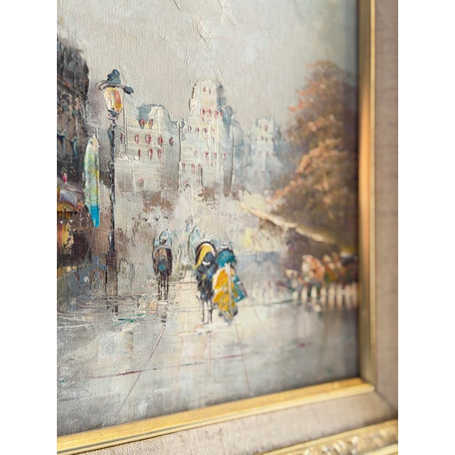 Linen Original Signed Paris Street Scene Oil Painting, Impasto Cityscape, Mid Century French Style, Ornate Gilt Frame For Sale - Image 8 of 12