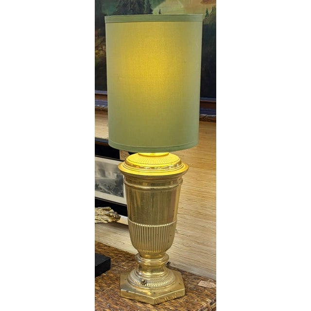 Mid Century Brass Urn Lamps With Green Shades For Sale In New York - Image 6 of 9
