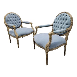 Vintage French Regency Style Carved Tufted Medallion Back Fauteuil Chairs Newly Upholstered in Light Blue Mohair - Pair For Sale