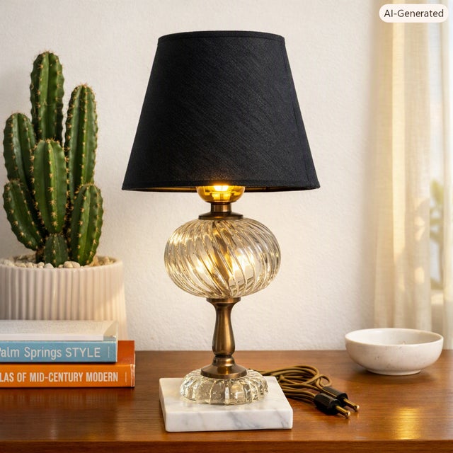A charming mid‑century accent lamp featuring a luxe blend of white marble, ribbed clear glass, and warm brass detailing....