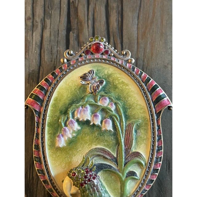 Metal Antque Cloisonné Jay Strongwater Style Hand Mirror With Partrot For Sale - Image 7 of 7