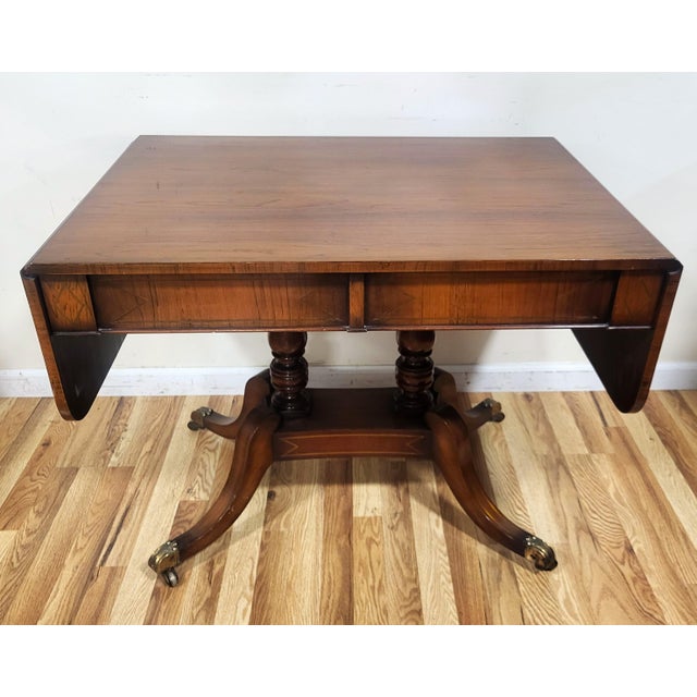 19th C English Regency Carved Brass Inlaid Rosewood Drop Leaf Sofa Table Desk For Sale - Image 11 of 18