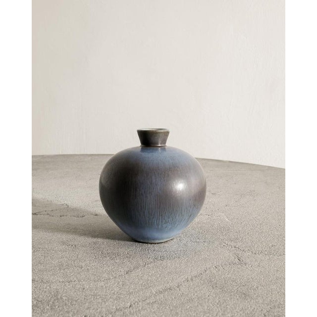 Rare Swedish mid century ceramic stoneware vase in light blue and brown hare fur glaze by Berndt Friberg produced by...