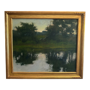 Oil Painting of New England Landscape Showing a Stream in a Forest With a 2-5/8" Wide Gold Frame. Painted by Curtis Hanson Between 1946-2017.