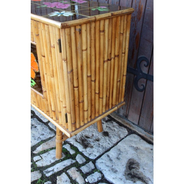 Boho Chic French Riviera Bamboo and Ceramic Sideboard, 1960s For Sale - Image 3 of 11