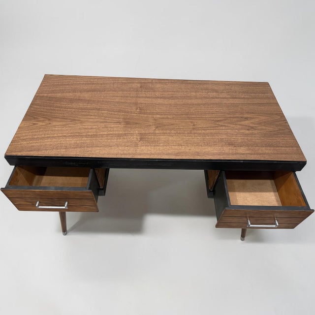 Brown Vintage Mid-Century Modern Walnut Veneer 2-Drawer Desk With Black Trim For Sale - Image 8 of 9