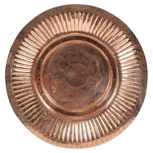 Metal Antique Hand-Hammered Copper Tray, Geometric Design, India, 1940s For Sale - Image 7 of 11