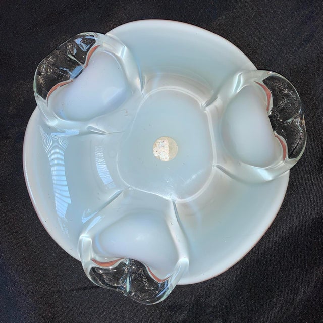 Vintage Murano Art Glass Centerpiece Bowl Opalescent White W/ Pink Latticinio For Sale - Image 9 of 9