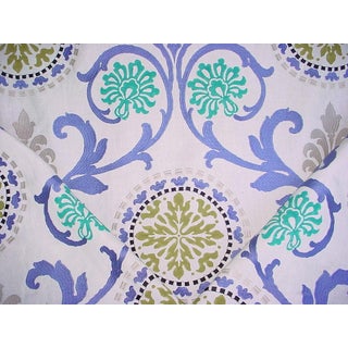 Thibaut Banyan Embroidery in Green / Blue - Suzani Embroidered Linen Upholstery Fabric- 1-3/8 Yards For Sale