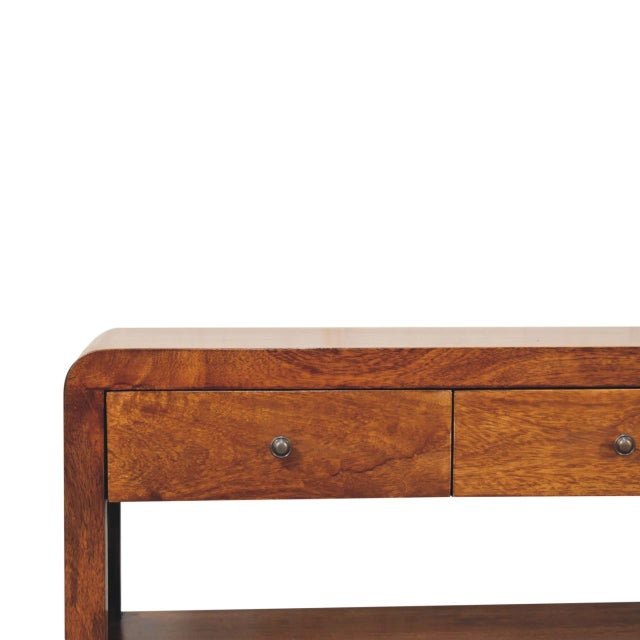 Modern Chestnut-Finish Mango Wood Curved Media Console For Sale - Image 3 of 8