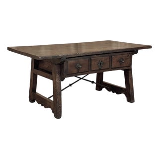 Rare 17th Century Rustic Spanish Walnut Coffee Table With Wrought Iron For Sale
