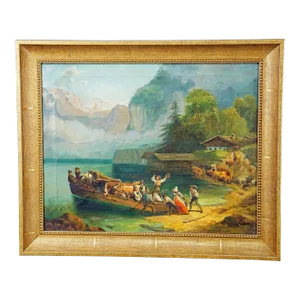 Antique Painting Cattle Carriage on an Alpine Lake, Oil on Canvas 19th Century