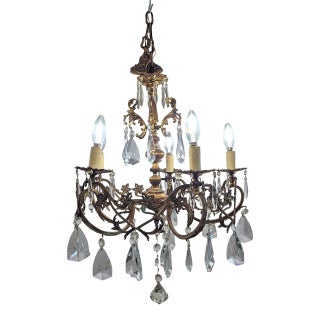 Early 20th Century French Rococo Style 5-Light Cast Bronze & Pendeloque Crystal Cage Chandelier For Sale