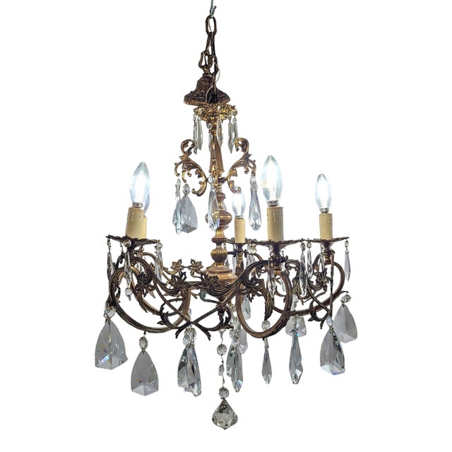 Early 20th Century French Rococo Style 5-Light Cast Bronze & Pendeloque Crystal Cage Chandelier For Sale