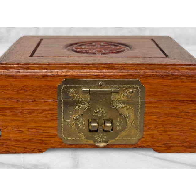 Vintage Chinese Chinoiserie Rosewood Storage Jewelry Box W/ Brass Lock For Sale - Image 11 of 13