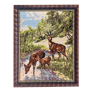 Vintage Deer Needlepoint in Carved Wood Frame For Sale